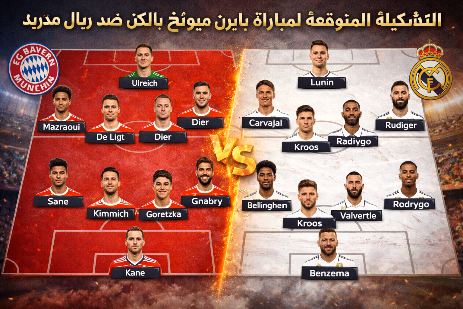 تشكيلة ريال مدريد ضد بايرن ميونخ المتوقعة غدا.. أربيلوا في مأزق دفاعي وهاري كين يهدد الملكي 1 التشكيلة المتوقعة لمباراة الريال ضد ميونخ