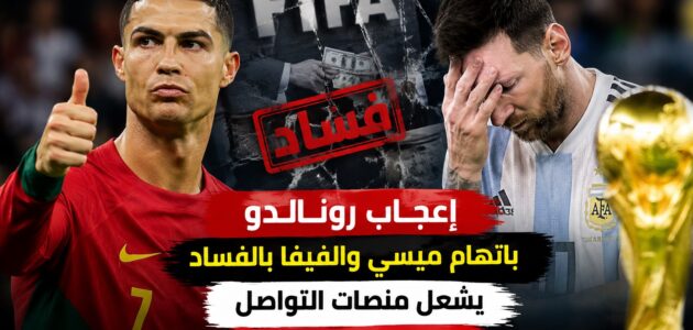 تصوير يظهر إعجاب رونالدو باتهام ميسي والفيفا بالفساد ويجمع بين كريستيانو رونالدو وليونيل ميسي مع ختم فساد وشعار الفيفا