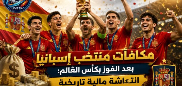تصميم يوضح مكافآت منتخب إسبانيا بعد الفوز بكأس العالم يظهر فيه لاعبو إسبانيا يحملون الكأس مع أكياس وأوراق نقدية وشعار الاتحاد الإسباني.
